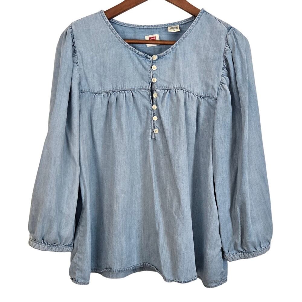 Western Americana Levi’s Light Blue Chambray Boho Casual Blouse 100% Lyocell L